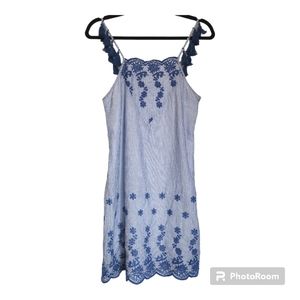 Very J Striped Eyelet Embroidered Mini Shift Dress Light Denim Tassel Strap Sz S